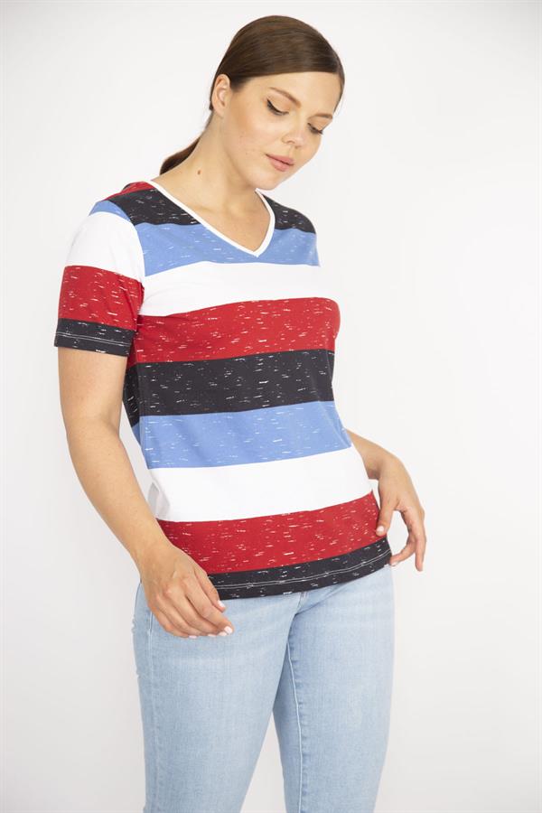 Kadın Renkli Büyük Beden Pamuklu Kumaş V Yakalı Kısa Kollu Bluz