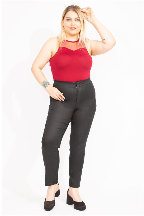 Kadın Kahve Büyük Beden Suni Deri Gizli Kemer Cepsiz Pantolon 65N35581