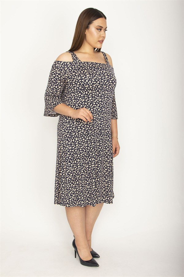 Kadın Lacivert Askılı Omuz Dekolteli Kol Ağzı Volanlı Viskon Elbise 65N26348