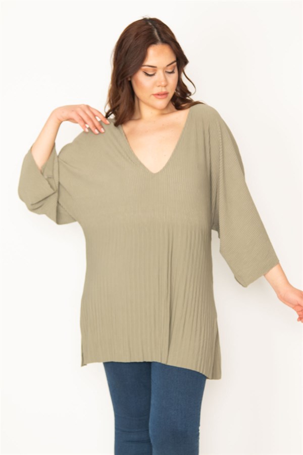 Kadın Yeşil V Yakalı Yarasa Kol Likralı Tunik 65N32443