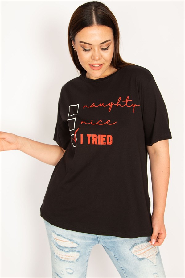 Kadın Siyah Pamuklu Kumaş Ön Baskılı Bluz 65N33301