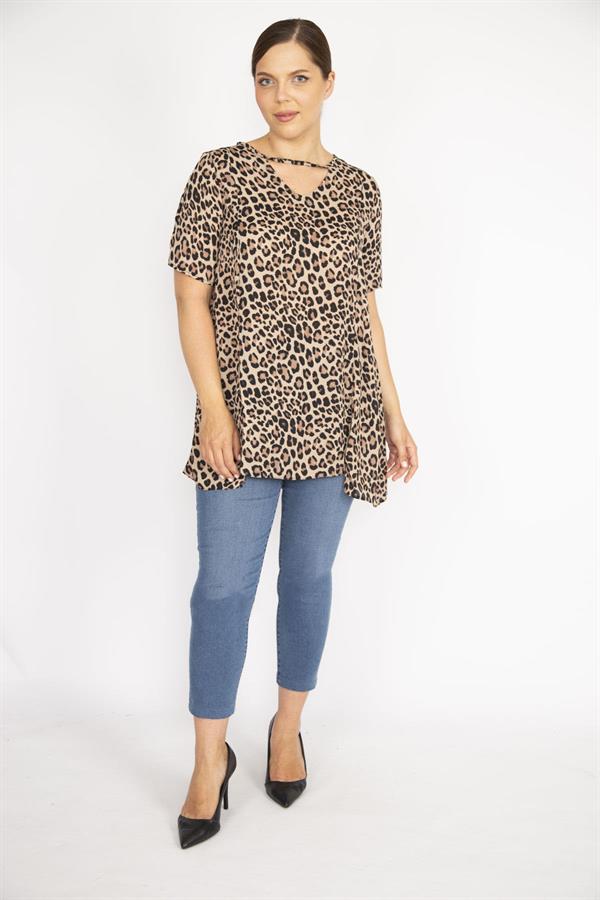 Kadın Leo Büyük Beden Leopar Desenli Ön Yırtmaçlı Bluz
