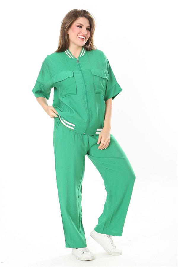 Kadın Büyük Beden Nar Ön Fermuarlı Ribanalı Tunik Ve Pantolon İkili Takım 65N37877