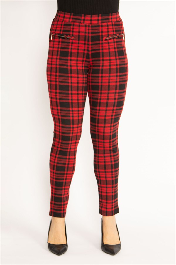 Kadın Kırmızı Ekose Desenli Süs Fermuar Cepli Tayt 65N34640