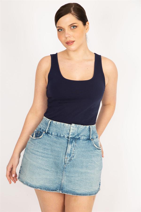 Kadın Mavi Büyük Beden Ön Fermuarlı Likralı Kot Etek