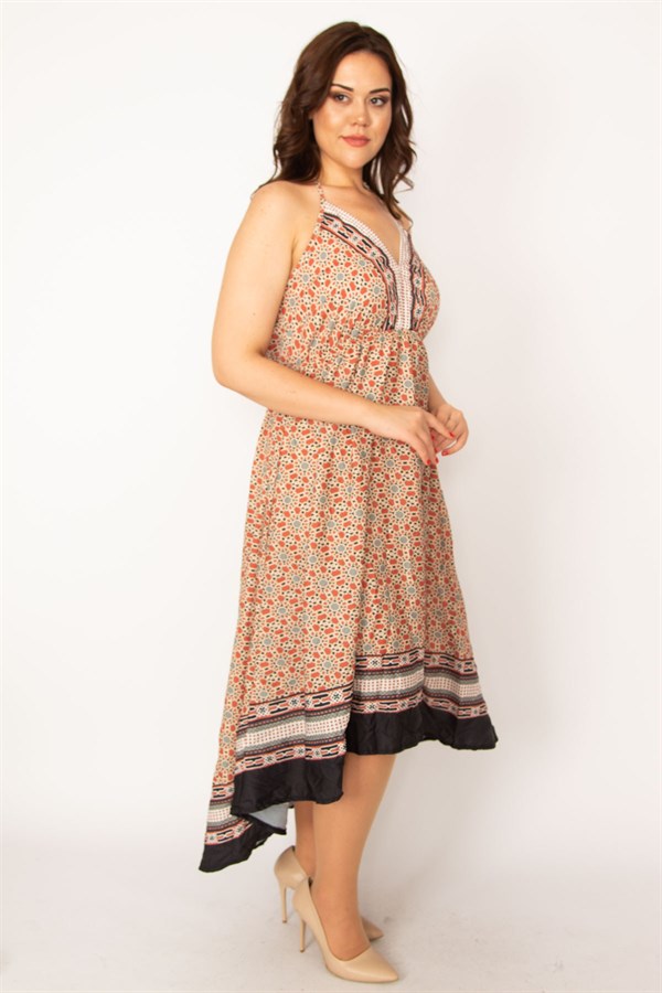 Kadın Renkli Boyundan Bağlamalı Arkası Uzun Elbise 65N33465