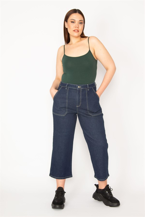 WOMEN'S NAVY BLUE POCKET DETAILED HIGH WAIST ANKLE LENGTH JEANS