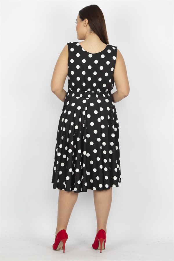 Kadın Siyah Puan Desenli Anvelop Arka Bel Lastik Detaylı Elbise 65N19620