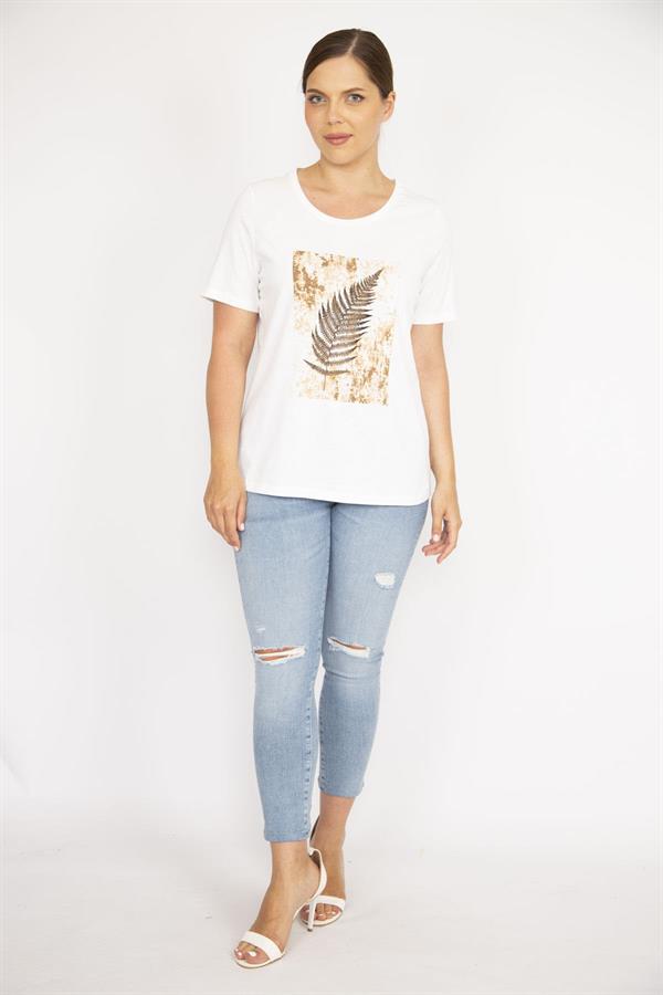 Kadın Kemik Büyük Beden Pamuk Kumaş Bisiklet Yakalı Kısa Kollu Ön Baskılı Bluz