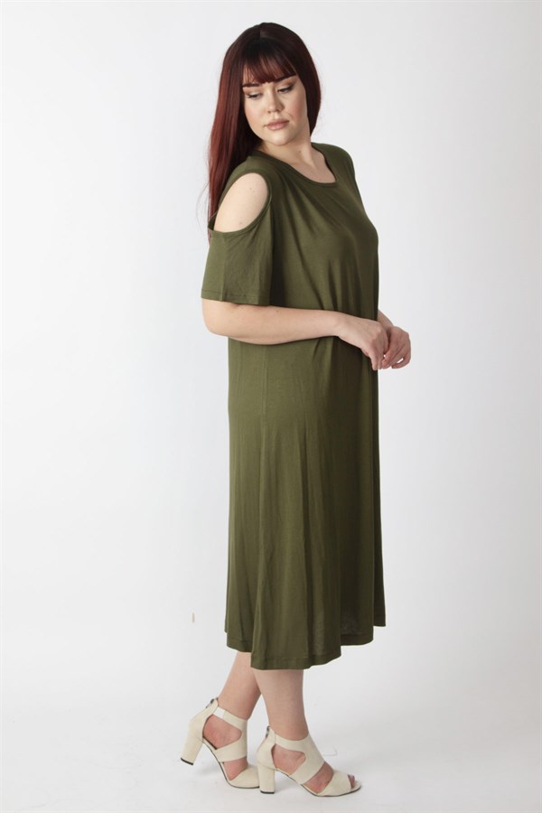 Kadın Haki Omuz Dekolteli Viskon Elbise 65N26131
