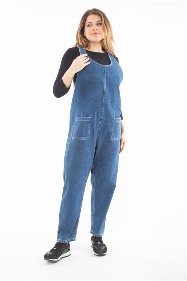 Kadın Büyük Beden Mavi V Yakalı Cepli Kot Tulum 65N37321