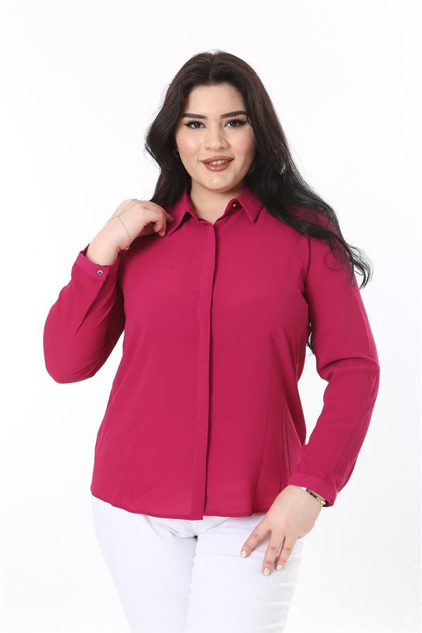 Kadın Büyük Beden Fujya Gizli Pat Ön Düğmeli Bluz 65N38019