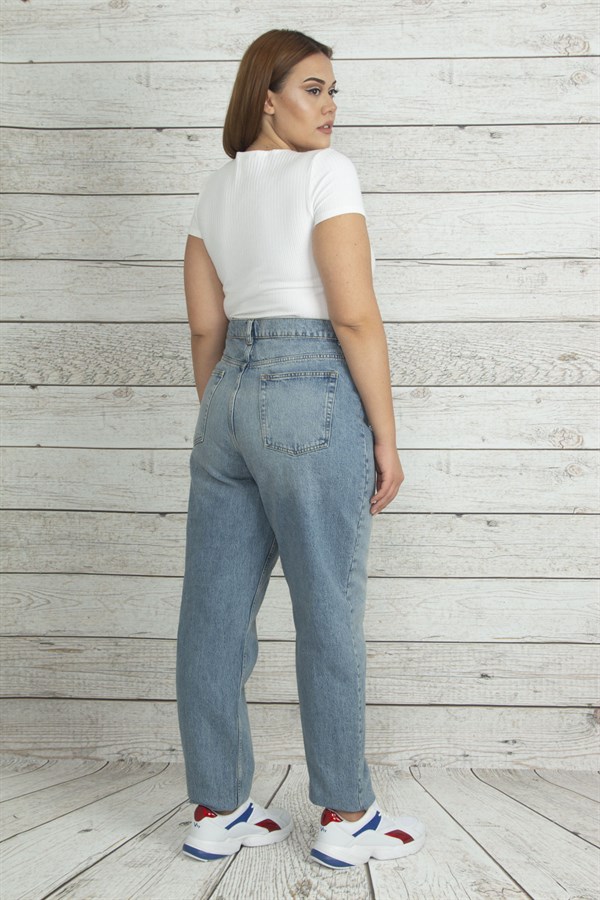 Kadın Mavi Bel Kısmı Lastik Detaylı Kot Pantolon 65N19884