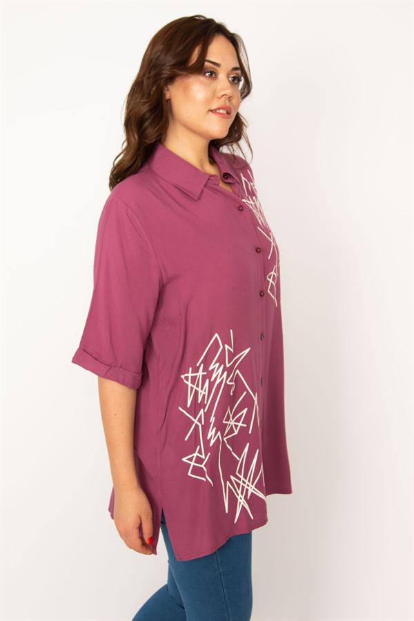 Kadın Mor Ön Düğmeli Baskı Detaylı Dokuma Viskon Kumaş Gömlek 65N33535