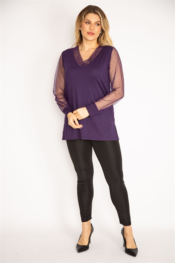 Kadın Mürdüm Yaka Ve Kolları Simli Tül Bluz 65N35185