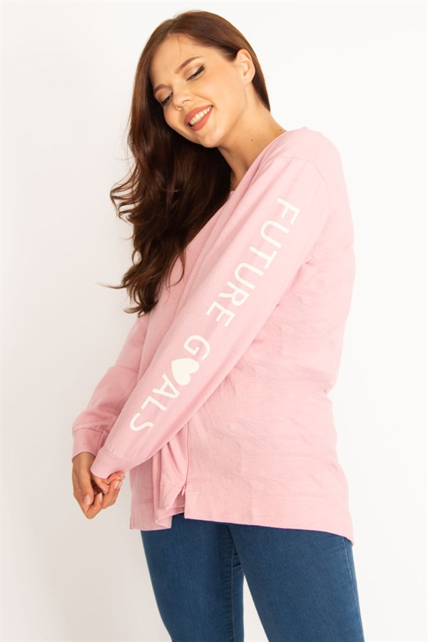 Kadın Pembe İçi Şardonlu Pamuklu Kumaş Etek Ucu İki Yan Fermuar Yırtmaçlı Kol Baskılı Sweatshirt