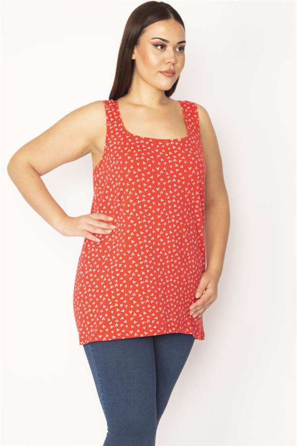 Kadın Kırmızı Büyük Beden Pamuklu Kumaş Likralı Kolsuz Bluz