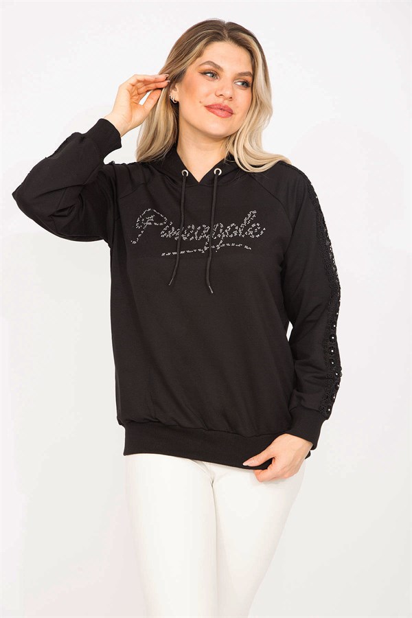 Kadın Siyah Taş Ve Dantel Detaylı Kapşonlu Sweatshirt   65N35309