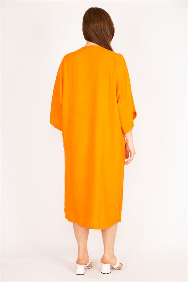 Kadın Camel Büyük Beden Omuz Dekolteli Ön Düğmeli Elbise