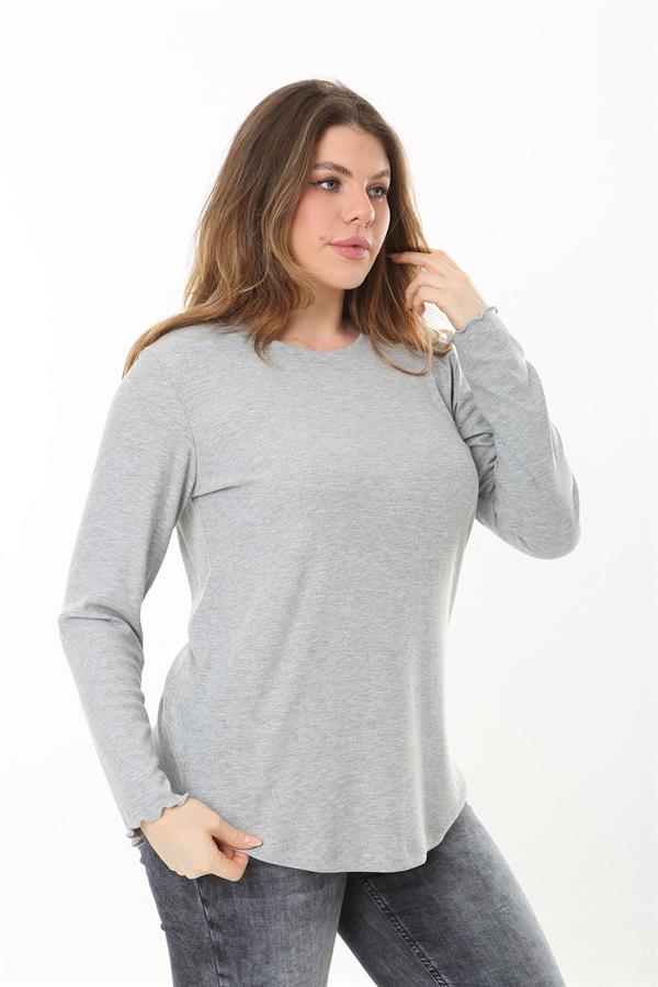 Kadın Büyük Beden Gri Bisiklet Yakalı Kendinden Çizgili Uzun Kollu Bluz 65N37529