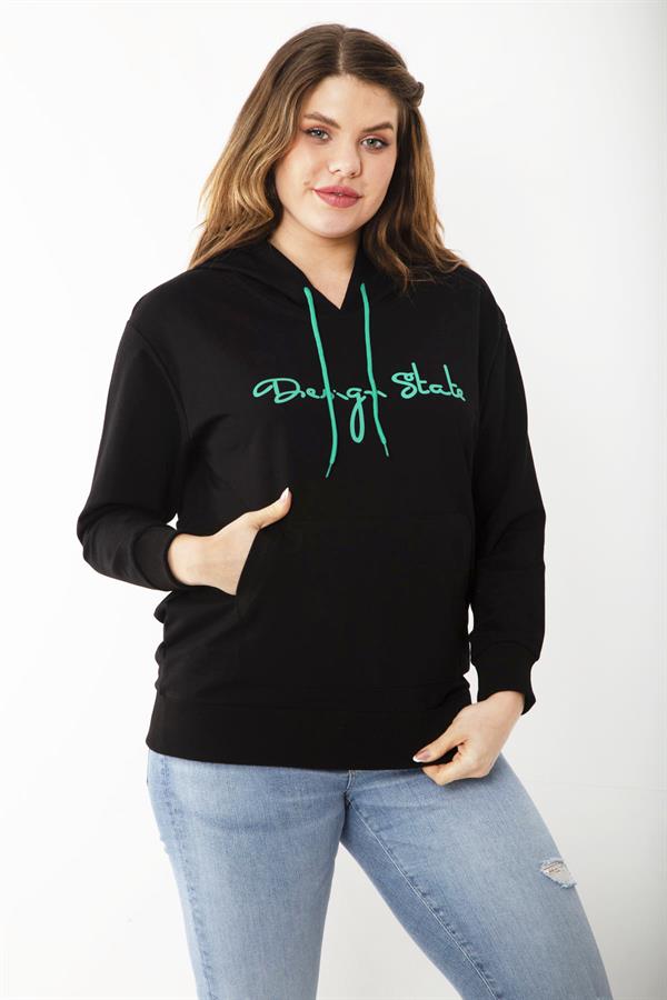 Kadın Büyük Beden Siyah Kapşonlu Kanguru Cepli Sweatshirt 65N37184