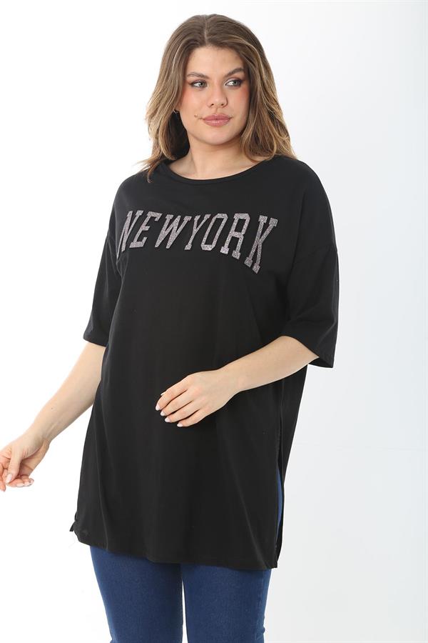 Kadın Büyük Beden Siyah Taş Ve Sim Detaylı Yan Yırtmaçlı Bluz 65N37466