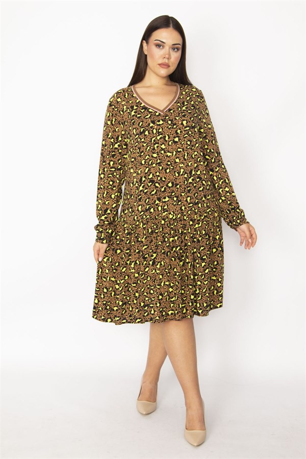 Kadın Desenli Yaka Ribanalı Eteği Katlı Elbise 65N29518