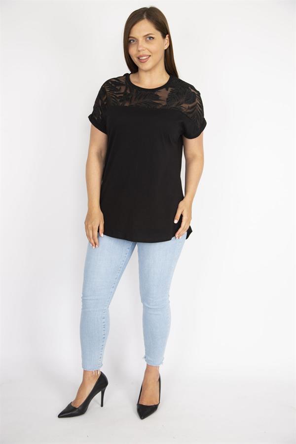 Kadın Beyaz Büyük Beden Pamuk Kumaş Robası Tül Aplike Uzun Bluz