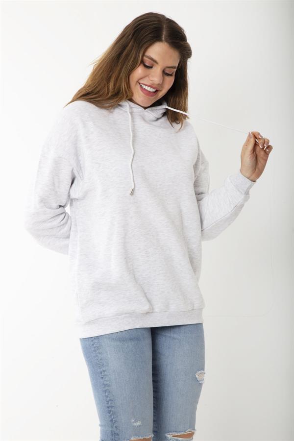Women's Plus Size Gray Three-Thread Hooded Sweatshirt with Back Print 65N37204