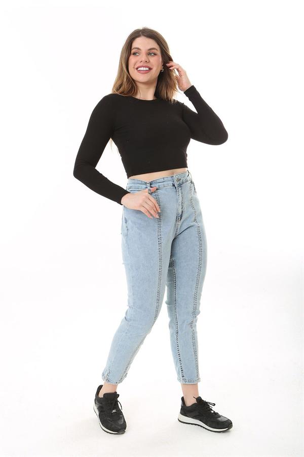 Kadın Büyük Beden Mavi Kup Dikiş Detaylı Likralı 5 Cep Kot Pantolon 65N37641