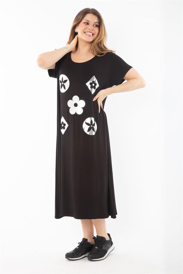 Kadın Büyük Beden Siyah Lame Baskılı Elbise