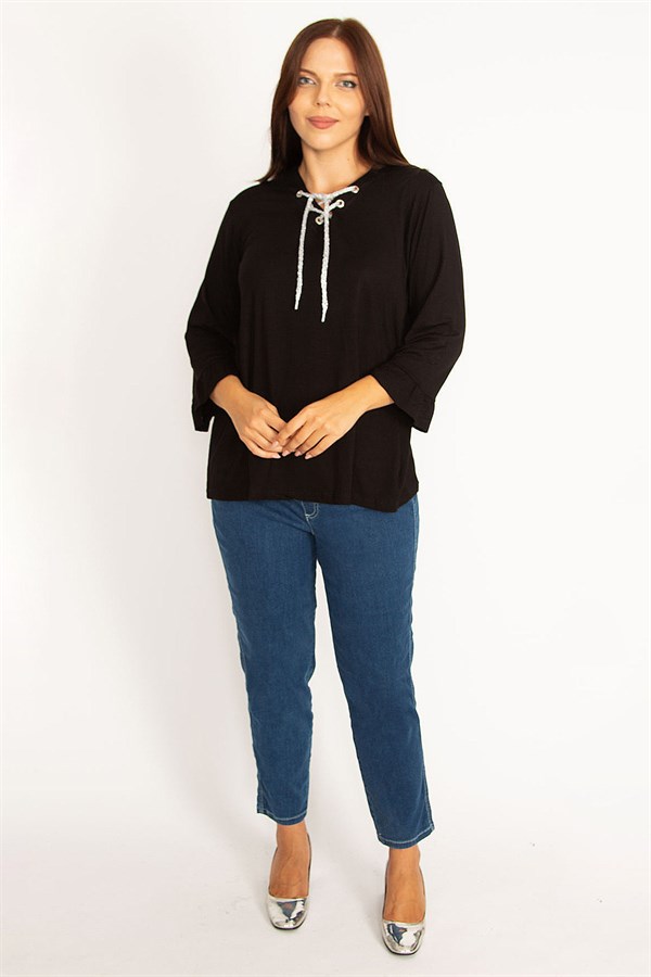 Kadın Bordo Yakası Kuşgözü Bağcık Detaylı Kol Ağzı Fırfır Büzgülü Bluz 65N34648