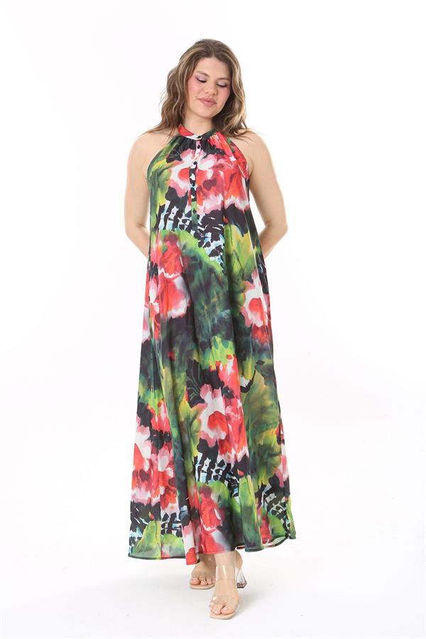 Kadın Büyük Beden Renkli Halter Yakalı Ön Patı Düğmeli Astarsız Krep Şifon Elbise 65N37986