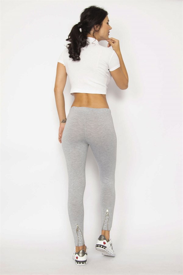 LEGGINGS GRIS POUR FEMME AVEC DÉTAILS EN PIERRE ET FERMETURE ÉCLAIR