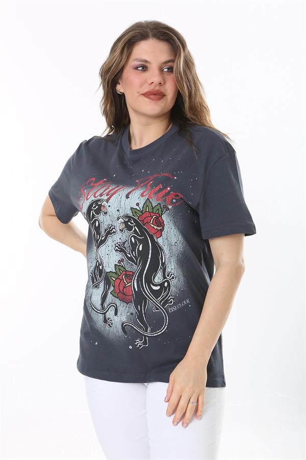 Kadın Büyük Beden Füme Pamuklu Kumaş Kısa Kollu Baskı Ve Taş Detaylı Bluz 65N38036