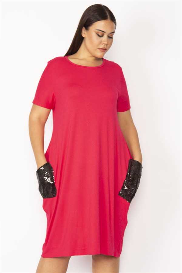 Kadın Fuşya Cebi Payet Detaylı Viskon Elbise 65N28966