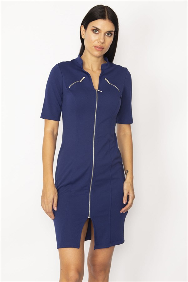 KADIN SAKS ÖN FERMUARLI OFİS ELBİSE