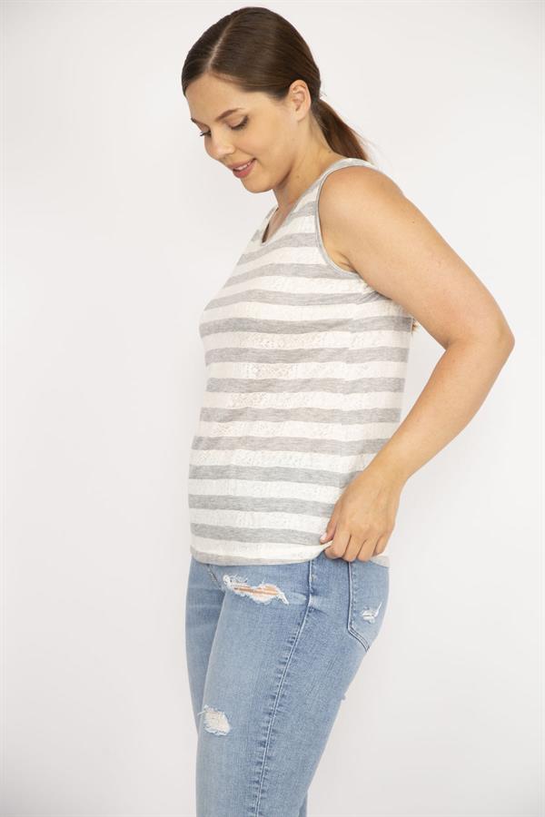 Kadın Gri Büyük Beden Bisiklet Yakalı Kolsuz Çizgili Bluz
