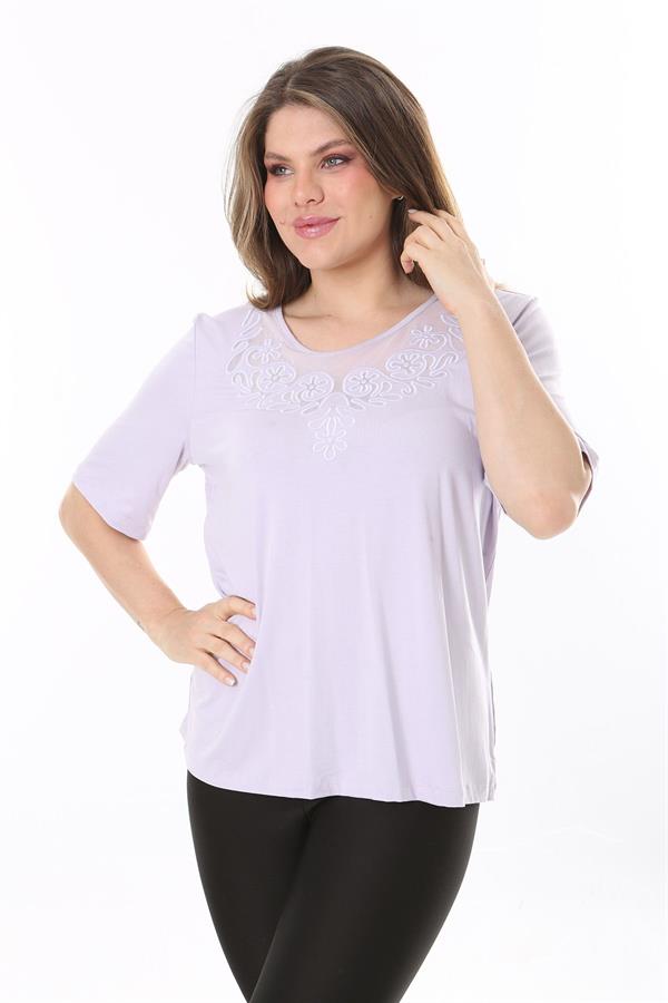 Kadın Büyük Beden Lila Yaka Detaylı Kısa Kollu Bluz 65N37852
