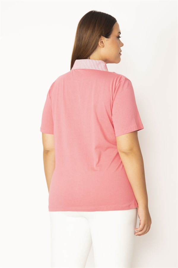 Kadın Pembe Pamuklu Kumaş Polo Yaka Ön Pat Düğmeli  Bluz 65N27823