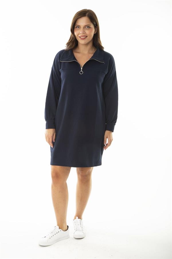 Kadın Büyük Beden Lacivert Ön Pat Fermuarlı Dik Yakalı Sweatshirt Elbise 65N36968