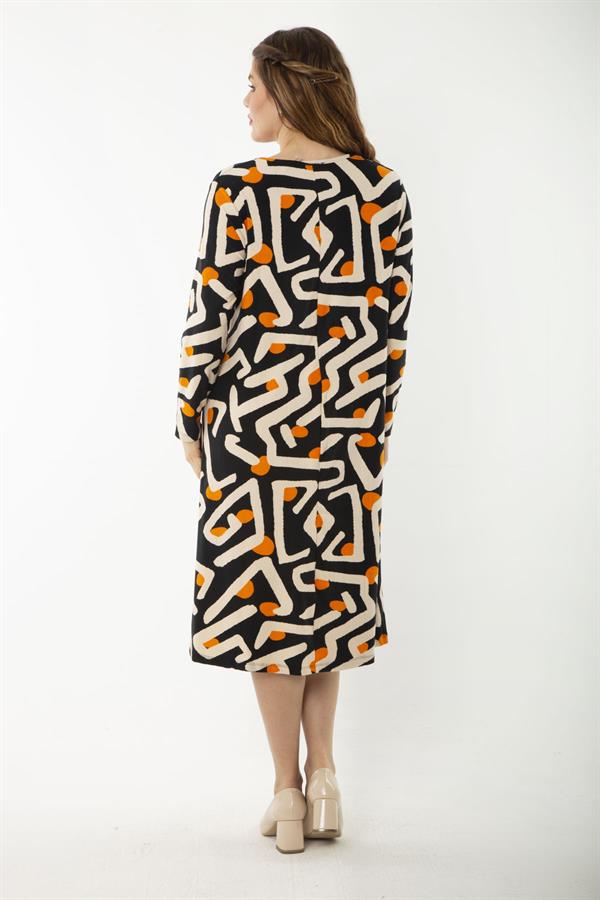 Kadın Büyük Beden Renkli Uzun Kollu Desenli Elbise 65N37191