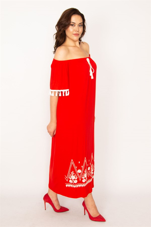 Kadın Kırmızı Karmen Yaka Nakış Ve Püskül Detaylı Uzun Elbise 65N33437