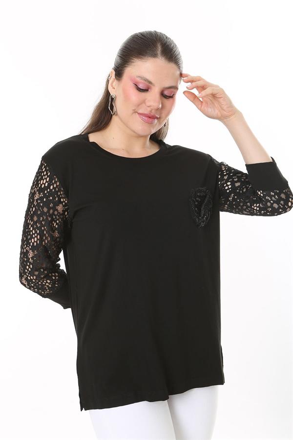 Kadın Büyük Beden Siyah Göğsü Aplike İşli Kolları Dantel Bluz 65N37690