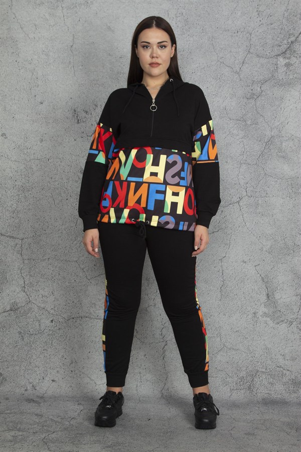 KAPŞONLU FERMUAR VE BASKI DETAYLI KUŞGÖZLÜ SWEATSHİRT PANTOLON TAKIM