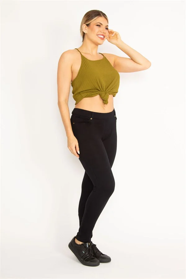 Kadın Kırmızı Ekose Desenli Süs Fermuar Cepli Tayt 65N34640