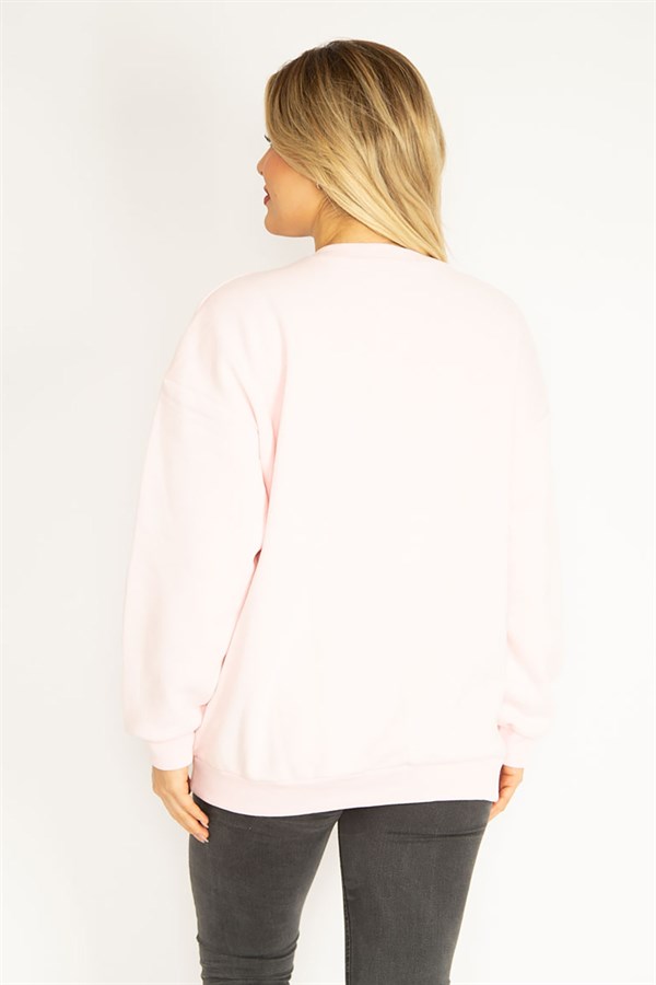 Kadın Pembe 3 İplik İçi Şardonlu Polar Nakışlı Sweatshirt 65N35073