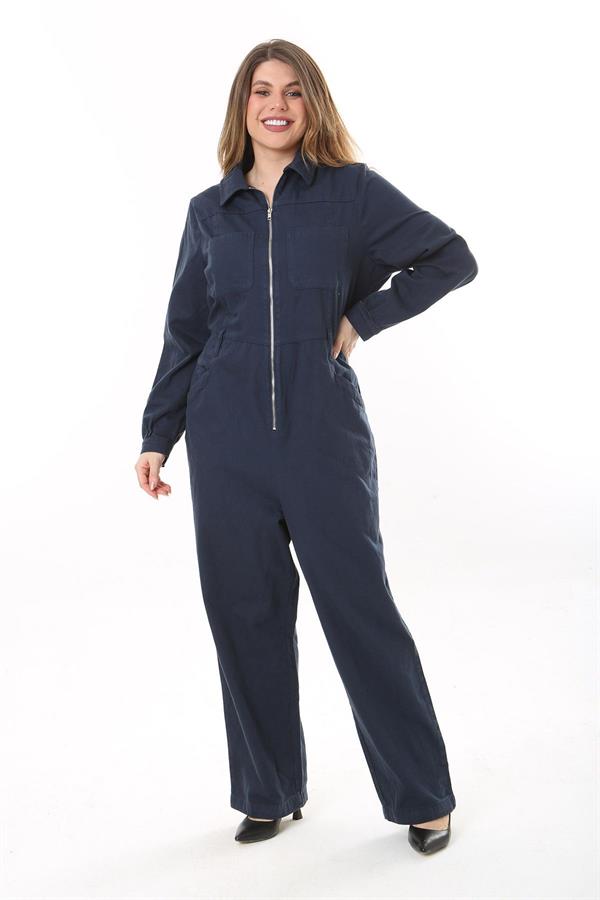 Kadın Büyük Beden Lacivert Ön Fermuarlı 4 Cepli Arka Bel Kemeri Lastikli Kot Tulum 65N37573