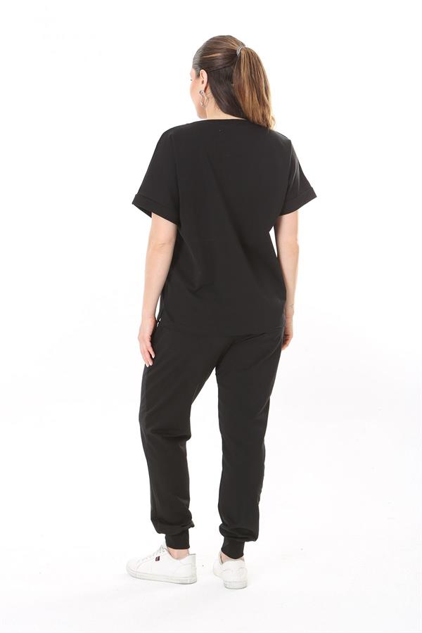 Kadın Büyük Beden Saks Taş Detaylı Kısa Kollu Sweatshirt Pantolon Takım 65N37702