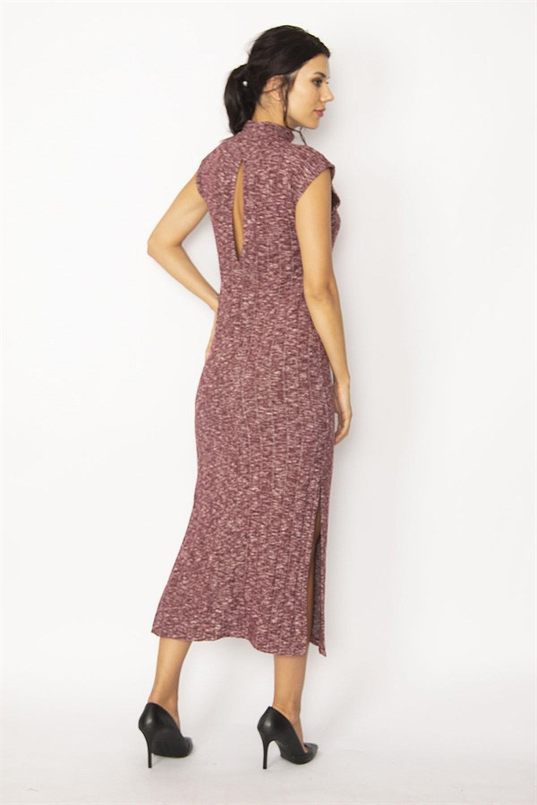 WOMEN'S MAROON BACK DETAILED SIDE SLITS SELF-STRIPED CREW-NECK DRESS